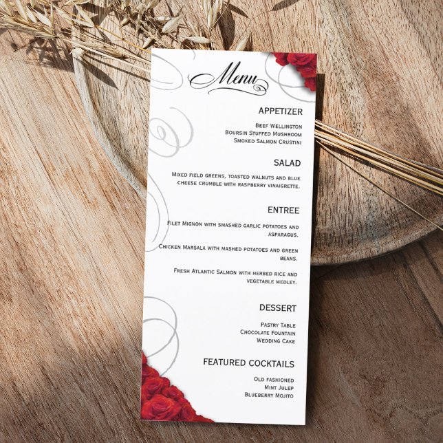 Flourish Red Roses Wedding Menu (Red Rose Flourish Wedding Menu for Reception)