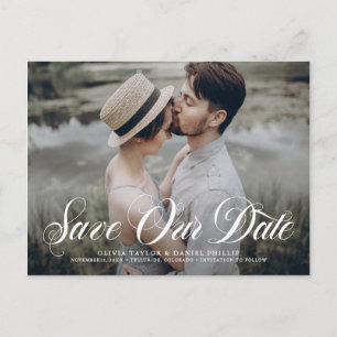 Flourish Script Save Our Date Overlay Photo Announcement Postcard