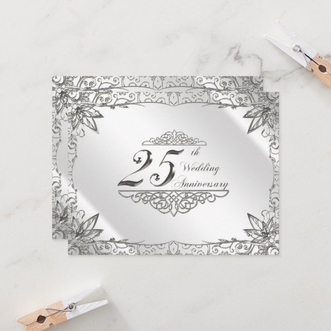 Flourish Silver 25th Wedding Anniversary Invite (Front/Back In Situ)