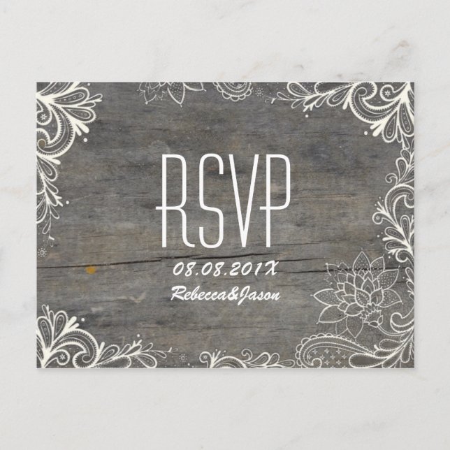 flourish swirls lace wood country wedding RSVP Invitation Postcard (Front)