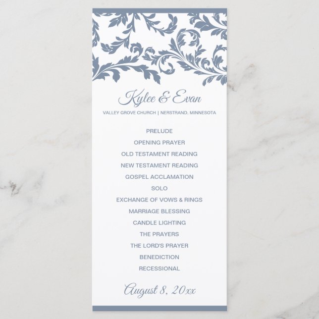 Flourish Tall Elegant Wedding Program | Dusty Blue Programme (Front)