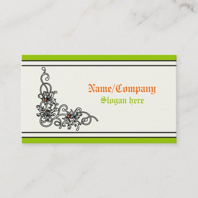 Flourish vine black green orange business cards (Front)