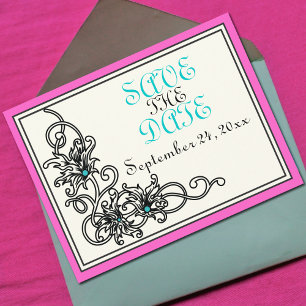 Flourish vine pink turquoise wedding Save the Date Announcement Postcard