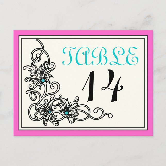 Flourish vine pink turquoise wedding table number postcard (Front)
