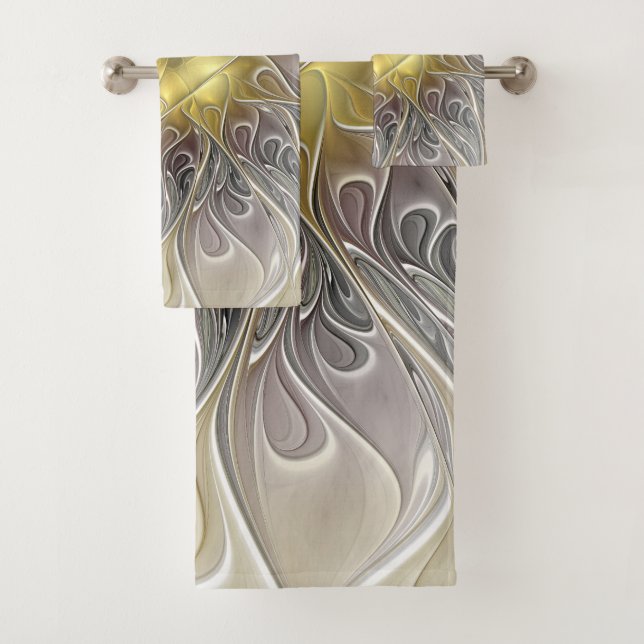 Flourish With Gold Modern Abstract Fractal Flower Bath Towel Set (Insitu)