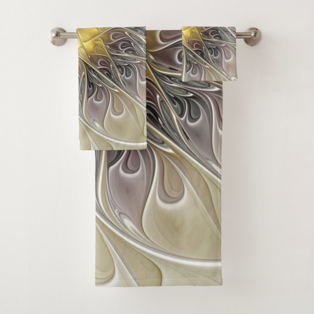 Flourish With Gold Modern Abstract Fractal Flower Bath Towel Set (Insitu)