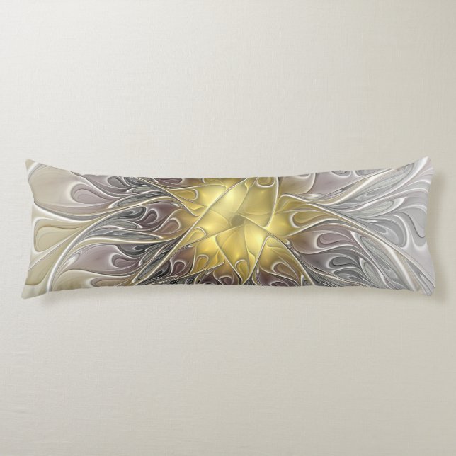 Flourish With Gold Modern Abstract Fractal Flower Body Cushion (Front)