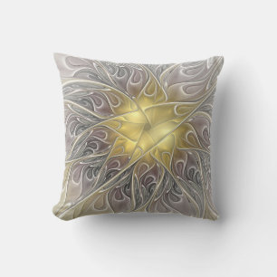 Flourish With Gold Modern Abstract Fractal Flower Cushion