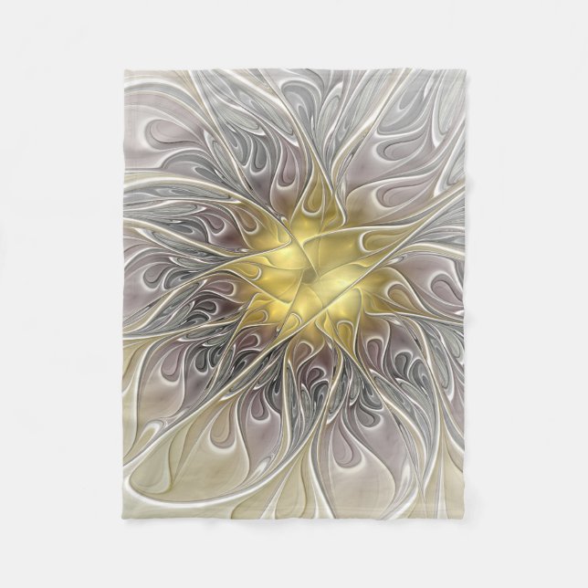 Flourish With Gold Modern Abstract Fractal Flower Fleece Blanket (Front)