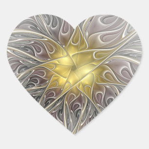 Flourish With Gold Modern Abstract Fractal Flower Heart Sticker