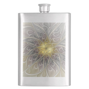 Flourish With Gold Modern Abstract Fractal Flower Hip Flask