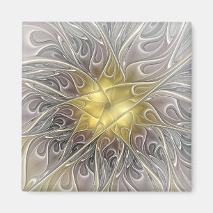 Flourish With Gold Modern Abstract Fractal Flower Magnet