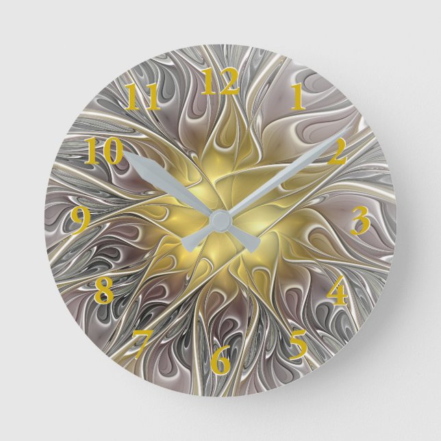 Flourish With Gold Modern Abstract Fractal Flower Round Clock (Front)