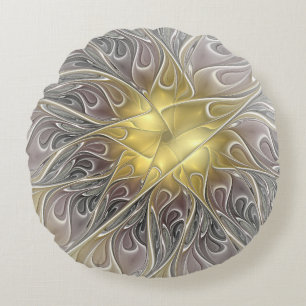 Flourish With Gold Modern Abstract Fractal Flower Round Cushion