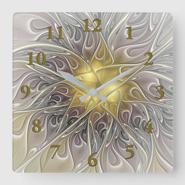 Flourish With Gold Modern Abstract Fractal Flower Square Wall Clock (Front)