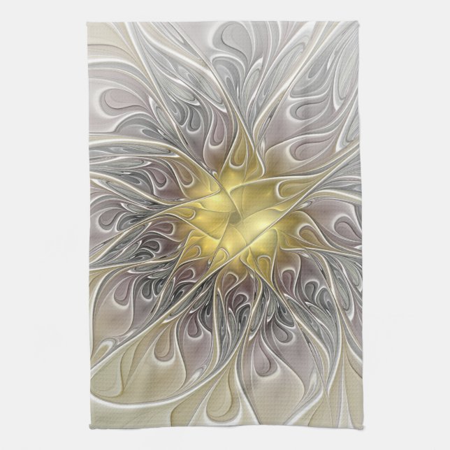 Flourish With Gold Modern Abstract Fractal Flower Tea Towel (Vertical)