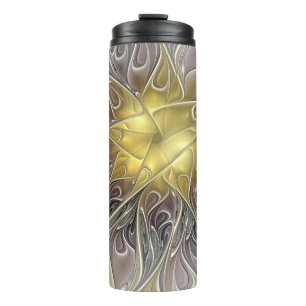Flourish With Gold Modern Abstract Fractal Flower Thermal Tumbler