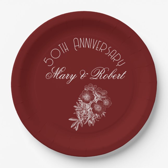 Flourished 50th anniversary - Burgundy and white Paper Plate (Front)