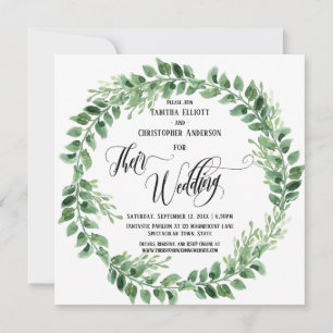 Flourishing Calligraphy Their Wedding Green Wreath Invitation
