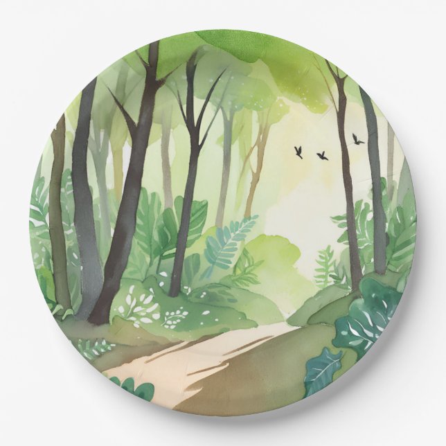 Flourishing Green Forest | Nature Watercolor Paper Plate (Front)