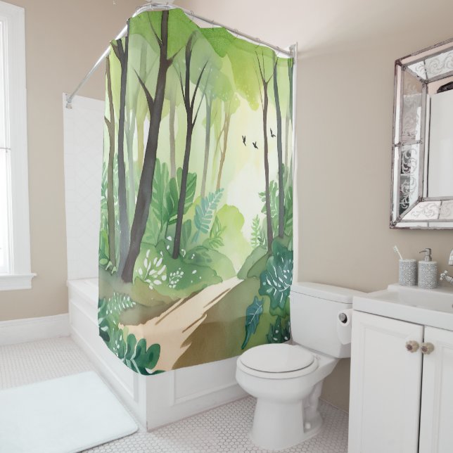 Flourishing Green Forest | Nature Watercolor Shower Curtain (In Situ)
