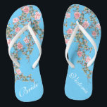 Flourishing Pink Flowers Bride Wedding Blue  Jandals<br><div class="desc">The flops features flourishing pink flowers illustration on bright blue background and a classic wedding words typography. This beautiful pair of elegant flip flops would be a beautiful something blue for a spring or summer wedding. ♥Customise it with your text by using the template fields. ♥ If you want to...</div>