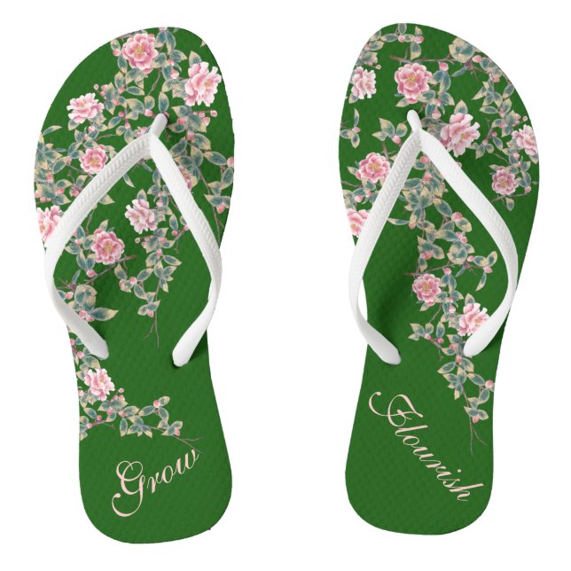 Flourishing Pink Flowers Inspiring Quote Green Fli Jandals (Footbed)