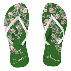 Flourishing Pink Flowers Personalised Name Green Jandals
