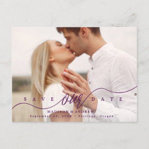 Flourishing Purple Script Photo Save the Date Announcement Postcard