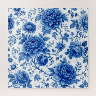 Flow Blue Blossoms Roses Peonies Cobalt Blue White Jigsaw Puzzle