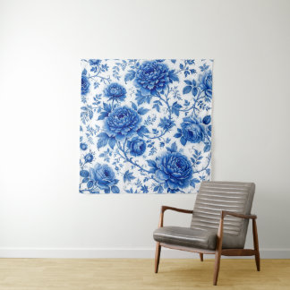 Flow Blue Blossoms Roses Peonies Cobalt Blue White Tapestry