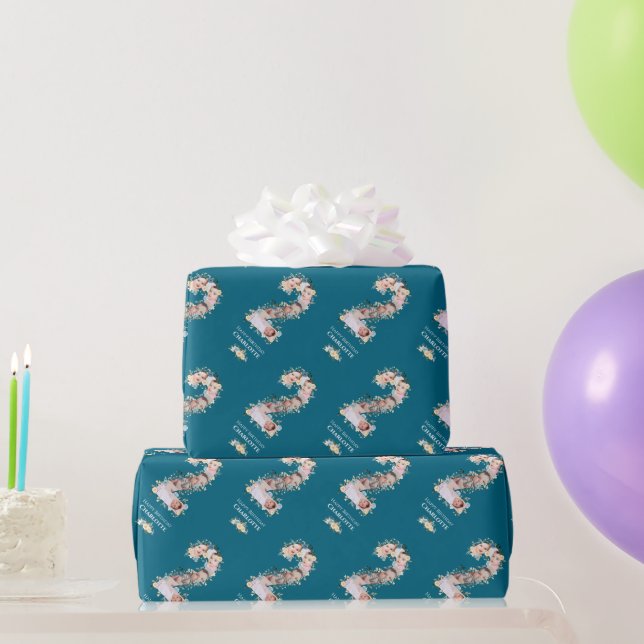 Flower 2nd Birthday Teal Photo Collage Blue Yellow Wrapping Paper (Party Gifts)