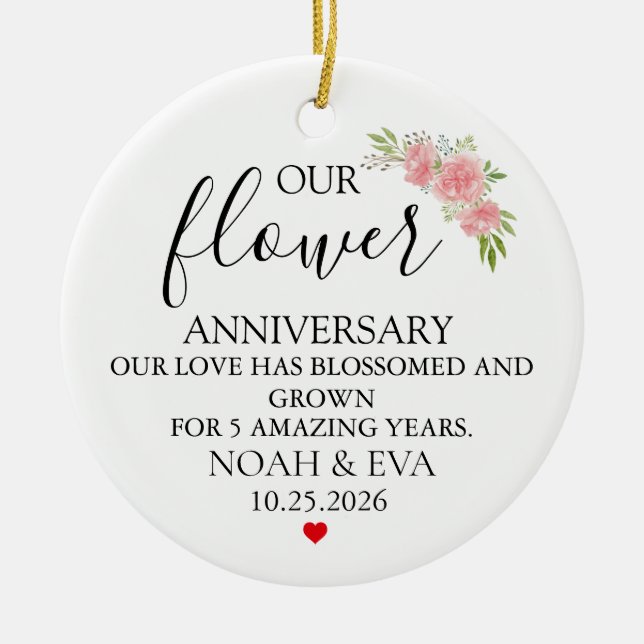  Flower 5th Anniversary Gift, 5th Year Wedding  Ceramic Tree Decoration (Front)