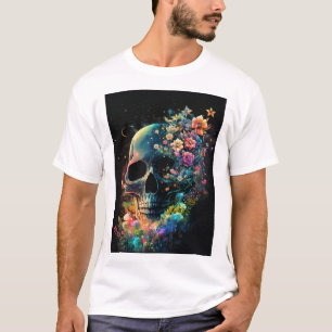 Flower-Adorned Skull in the Cosmos Graphic T-Shirt