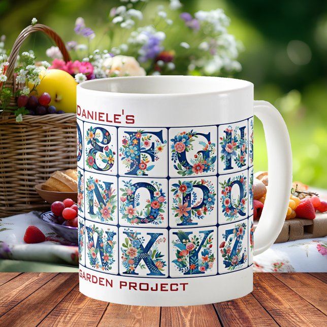 Flower Alphabet Mediterranean Tile Mug (Mug featuring tiles with the alphabet and flowers in a Mediterranean style - kids - garden)