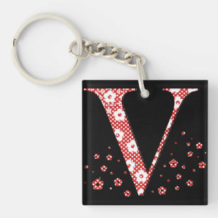flower alphabet V (red and dots) Key Ring