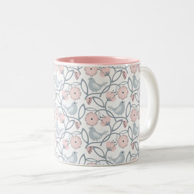 Flower and Birds Seamless Pattern Two-Tone Coffee Mug (Front Right)