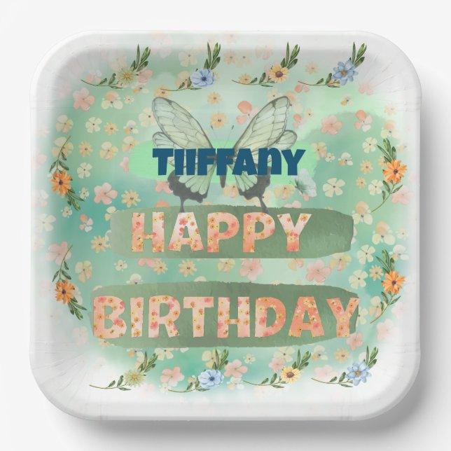 Flower and butterfly Paper Square Plate (Front)