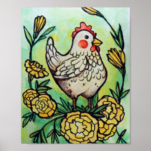 Flower and Chicken Illustration Chickens           Poster
