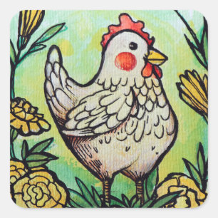 Flower and Chicken Illustration Chickens Square Sticker