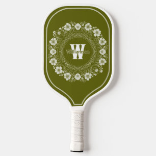 Flower and filigree Light Olive Monogramed Pickleball Paddle