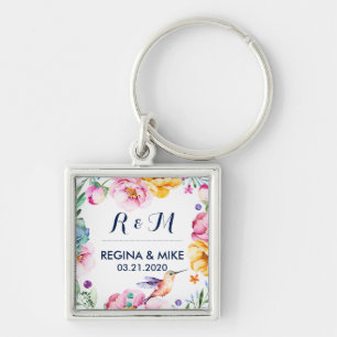 Flower and Floral Wreath Spring Wedding Monogram Key Ring