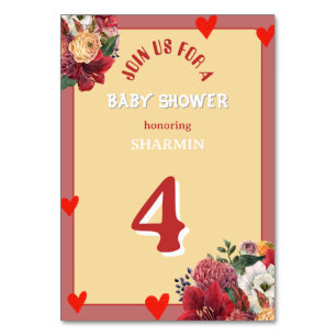 Flower and Heart Baby Shower Invitation Table Number
