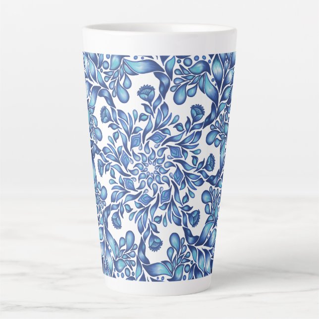 Flower and leaf mandala in blues  latte mug (Front)