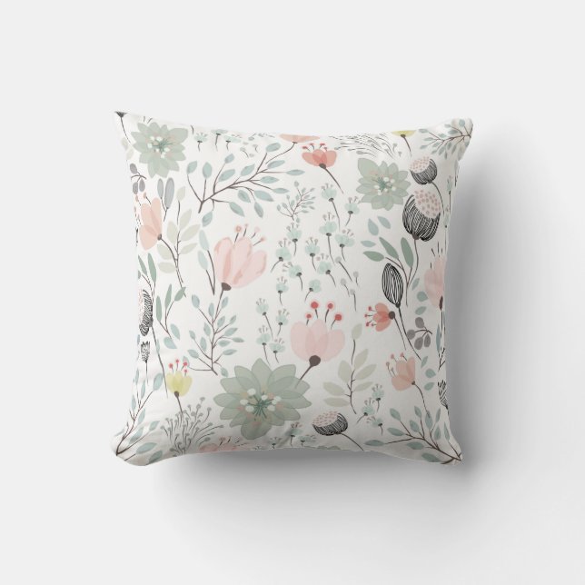 Flower and leaf pattern in tropical green and pink cushion (Front)