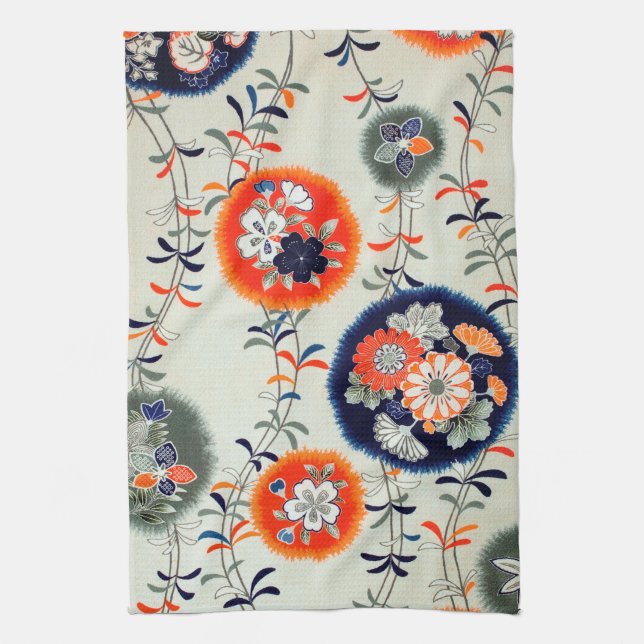 Flower and Leaf Pattern, Japanese Design Tea Towel (Vertical)
