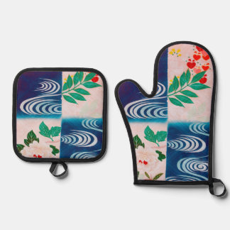 Flower and Running Water, Japanese Design Oven Mitt & Pot Holder Set