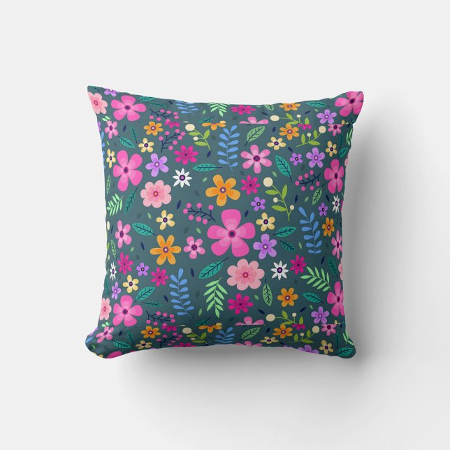 Flower Art Cushion (A square throw pillow features a dense, colorful floral pattern against a dark teal background.)