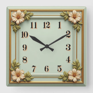 Flower Art Deco Mint Square Wall Clock