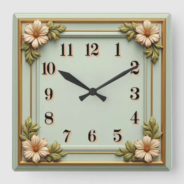 Flower Art Deco Mint Square Wall Clock (Front)